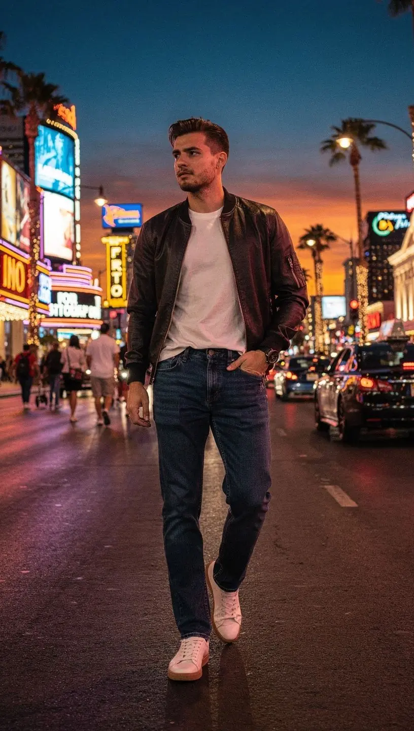 Photo of casual outfit featuring NORD FONDS #1 men's jeans paired with sneakers for everyday wear inspiration.