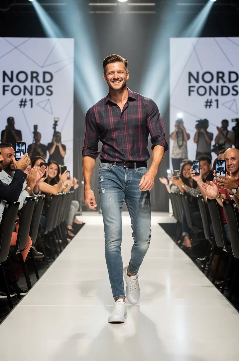 Selection of men's jeans styles displayed on hangers, highlighting variety available from NORD FONDS #1 brand.